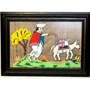 Peru Embroidered Needlepoint Wall Hanging Framed under Glass Native Man Donkey